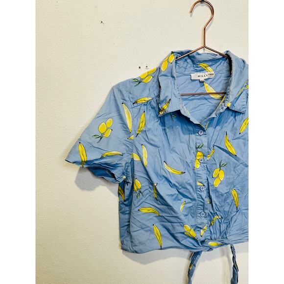 MILLY Blue Yellow Banana Printed Cotton Bonnie Tie Front Crop Top Size Medium - Picture 6 of 11